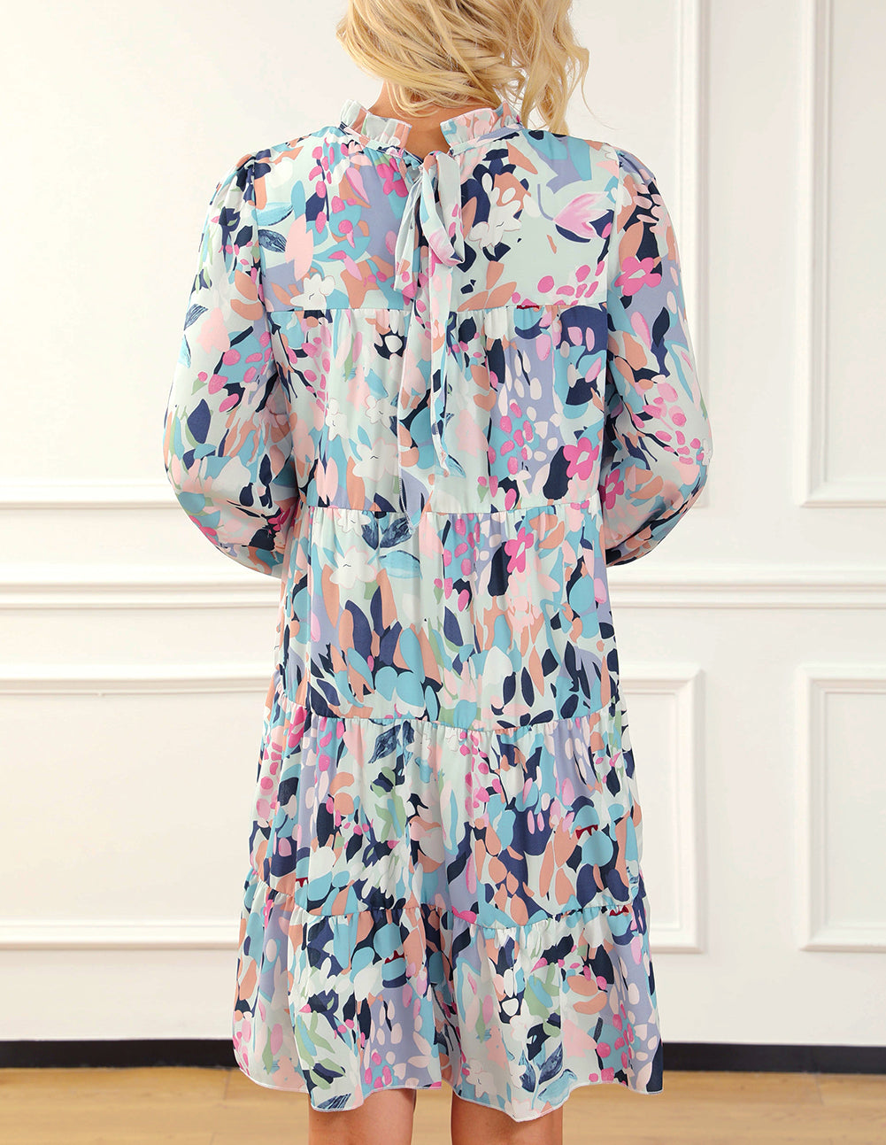 Frilled Neck Tiered Floral Dress