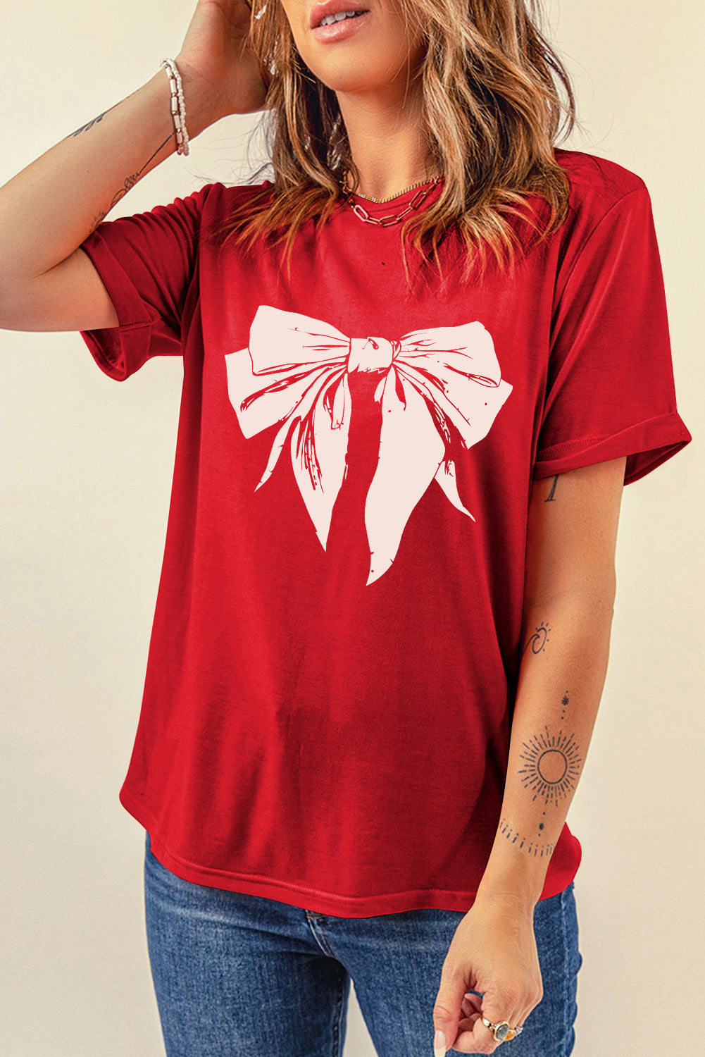 Cute Bow Knot Print Crew Neck T Shirt