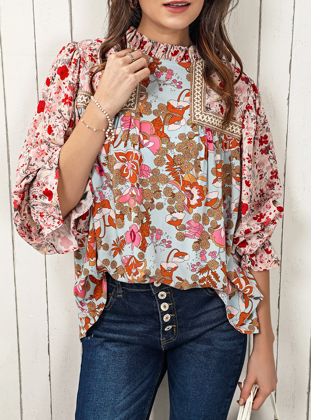 Lace Trim Contrast Floral Long Puff Sleeve Blouse