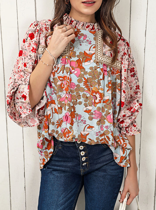Lace Trim Contrast Floral Long Puff Sleeve Blouse