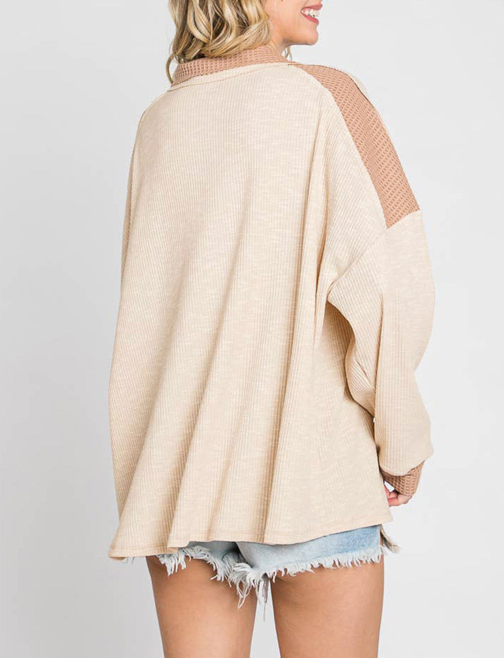 Oversized Knit Top With Waffle Contrast