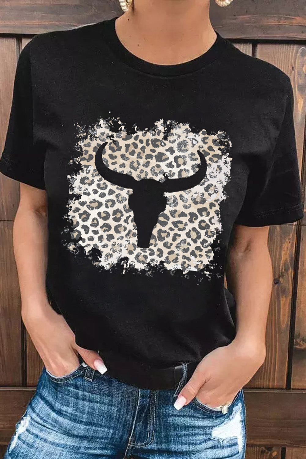 Western Leopard Steer Head Print Casual T Shirt