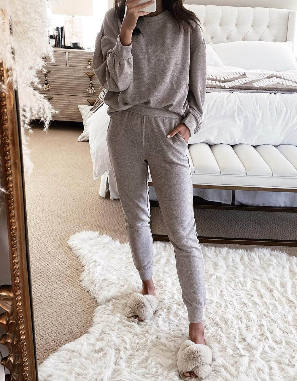 Long Puff Sleeve Top Pocketed Casual Two Piece Set