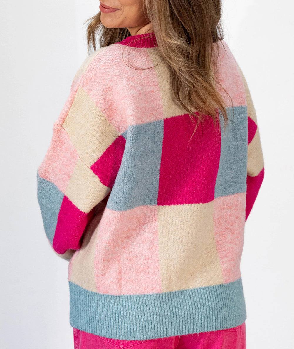 Color Block Drop Shoulder Crewneck Loose Fit Sweater