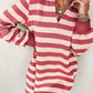 Stripe Collared V Neck Long Sleeve Loose Casual Dress