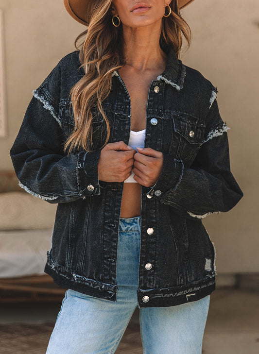 Flap Pocket Distressed Button-Up Denim Jacket