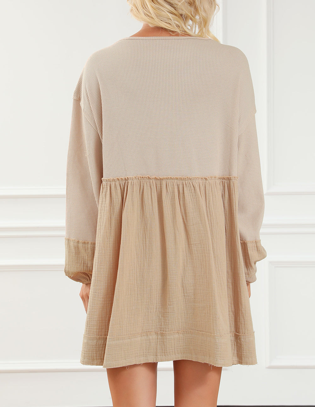 Waffle Crinkle Patchwork Raw Seam Mini Dress