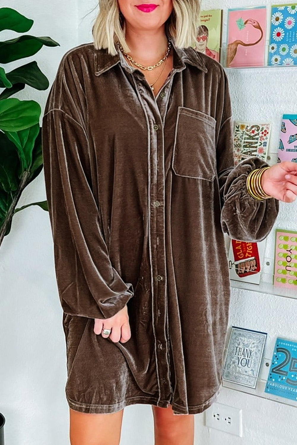 Plus Size Puff Sleeve Shirt Velvet Dress