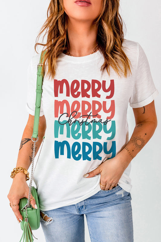 Merry Christmas Letter Print Crew Neck T Shirt