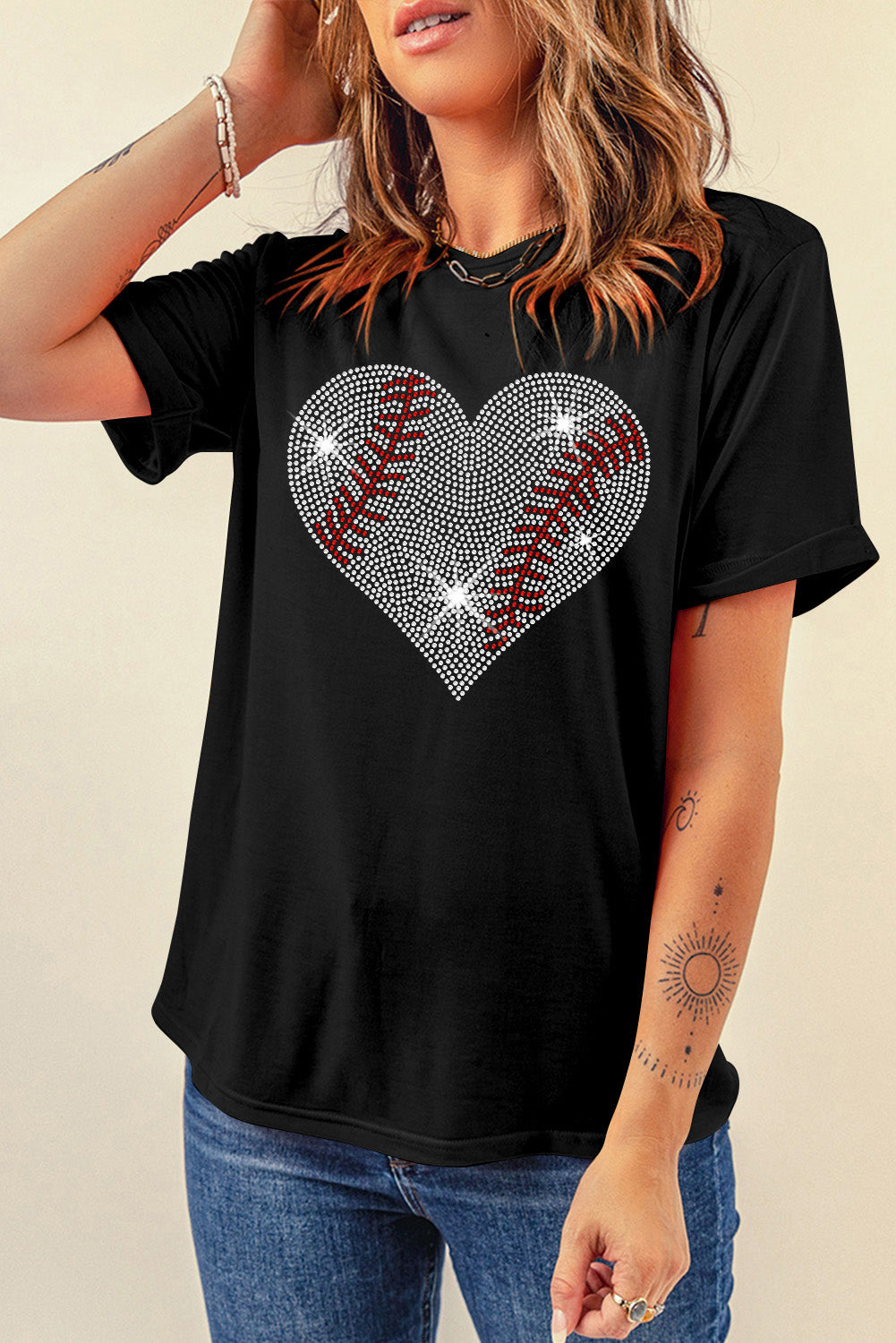 Rhinestone Baseball Heart Shape Graphic Casual T Shirt