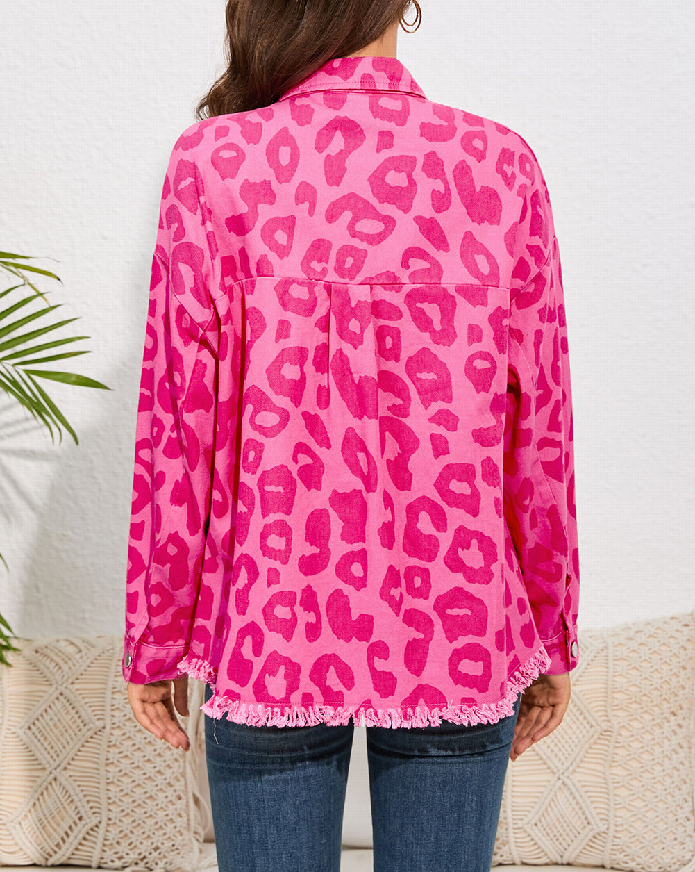 Leopard Print Button Cuffs Raw Hem Jacket