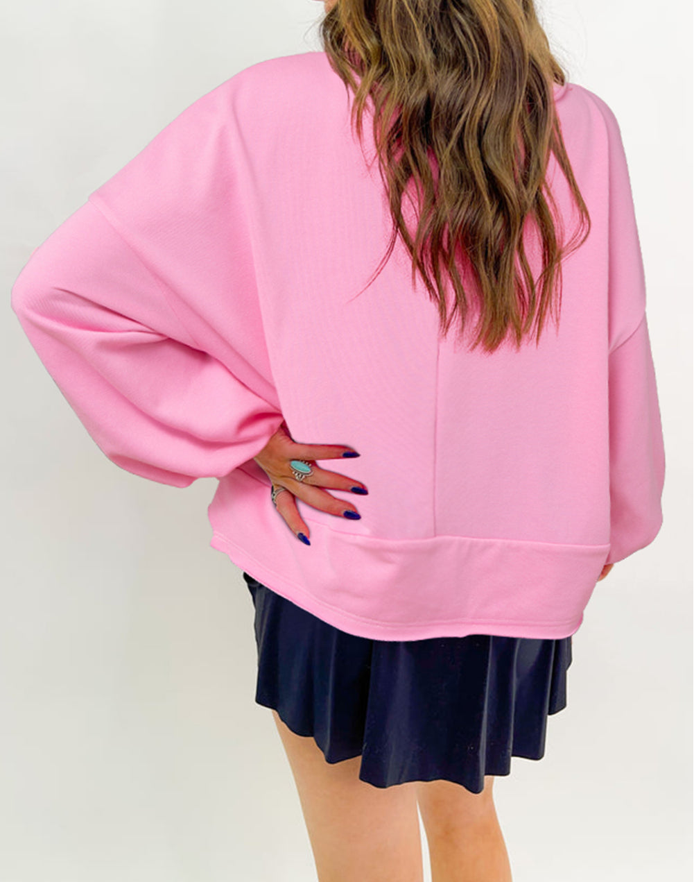 Solid Color Buttoned Neckline Loose Sweatshirt