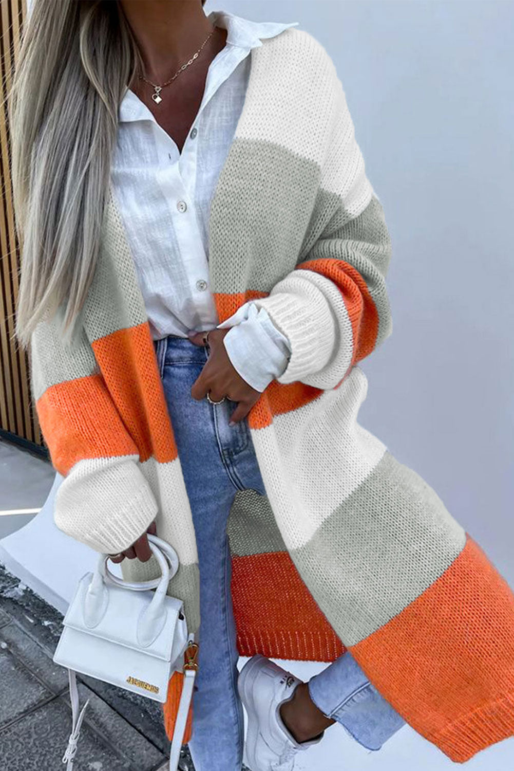 Striped Color Block Drop Shoulder Midi Cardigan