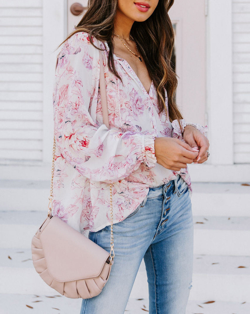 Vibrant Floral Printed Ruffle Trim Blouse