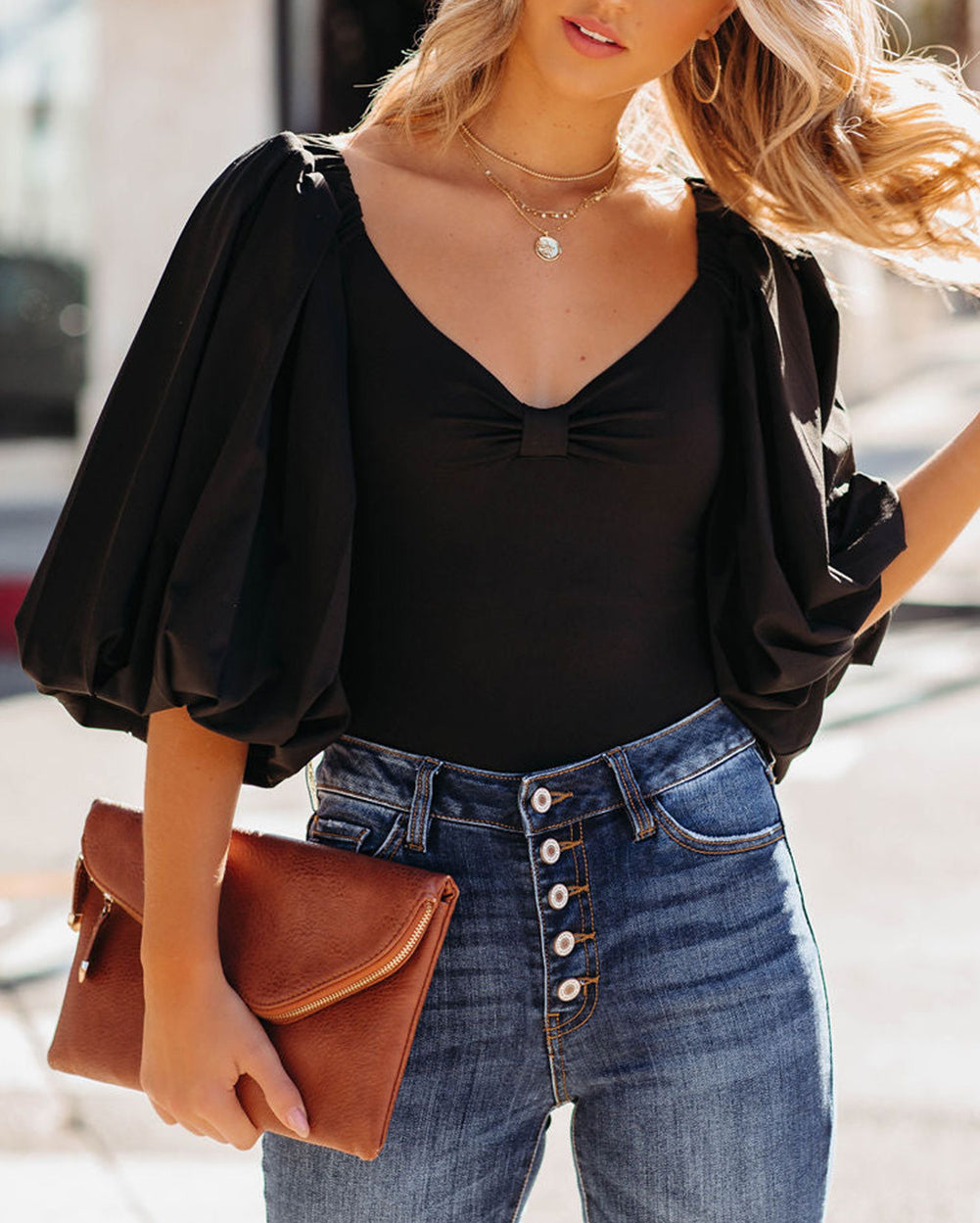 Solid Color Off The Shoulder Puff Sleeve Bodysuit