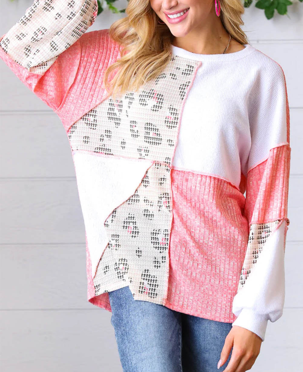Leopard Two Tone Color Block Exposed Seam Top