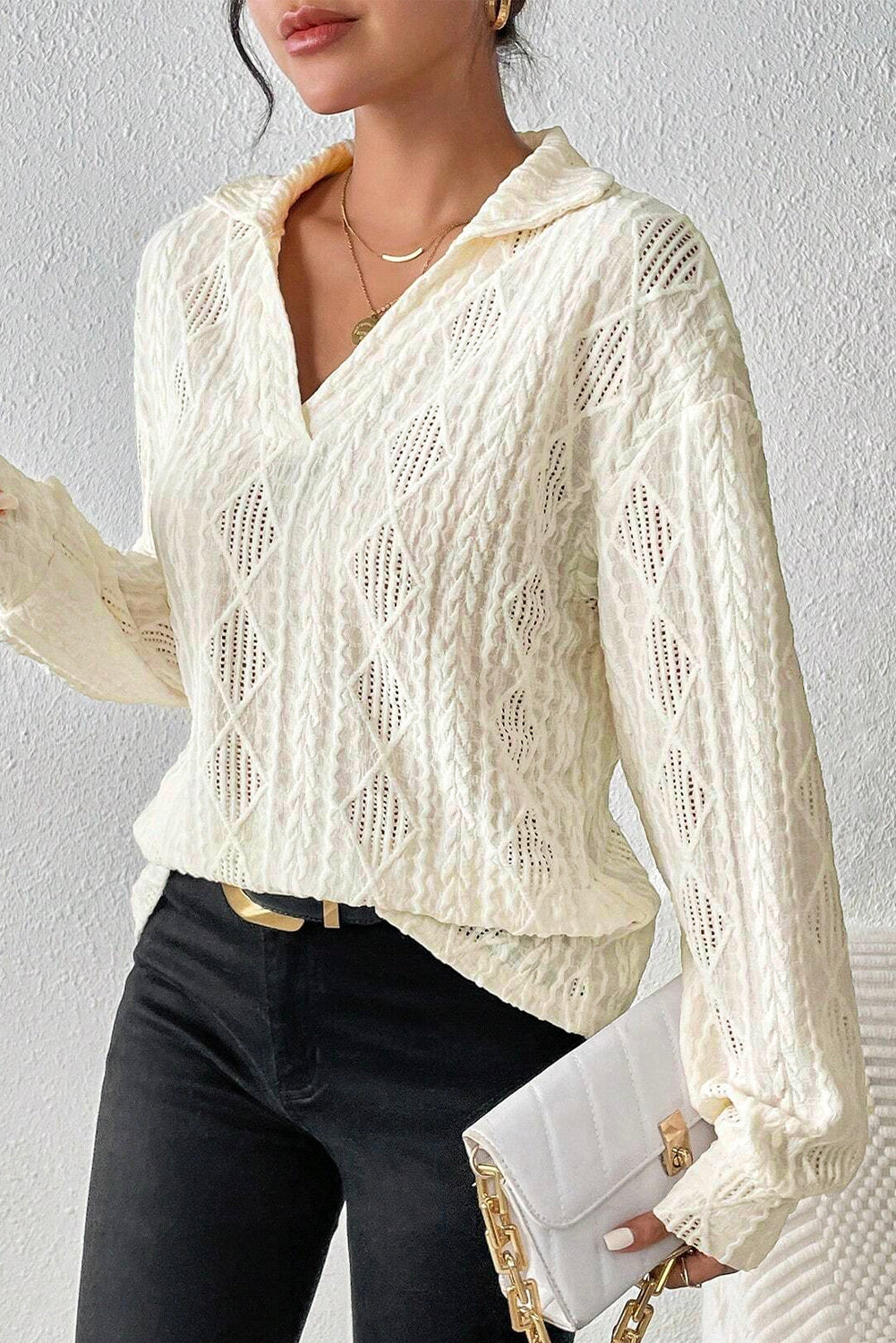Cable Rhombus Texture Collared Split Neck Top