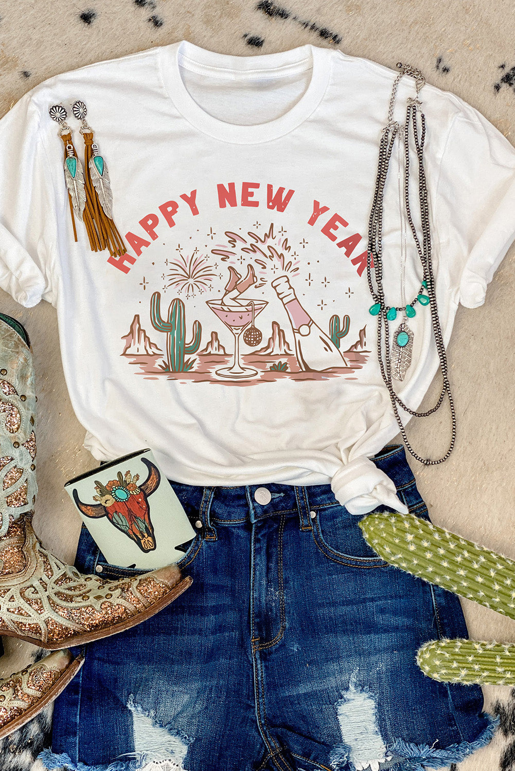 HAPPY NEW YEAR Western Pattern Crewneck T Shirt