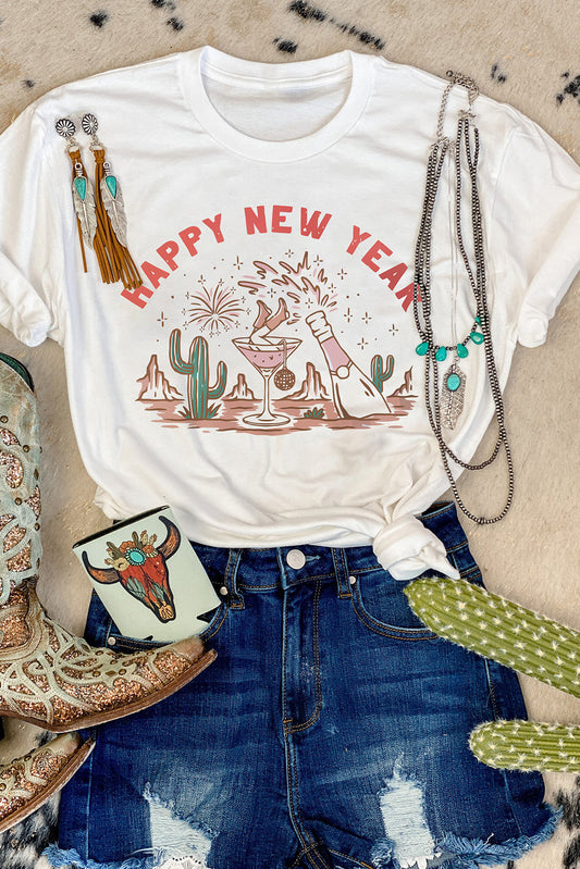 HAPPY NEW YEAR Western Pattern Crewneck T Shirt