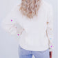 Sequin Heart Shape Waffle Knit Round Neck Sweater