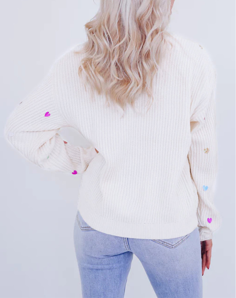 Sequin Heart Shape Waffle Knit Round Neck Sweater