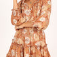 Camel Lace up Split Neck Tunic Floral Dress