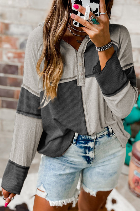 Colorblock Seamed Ribbed Henley Hoodie