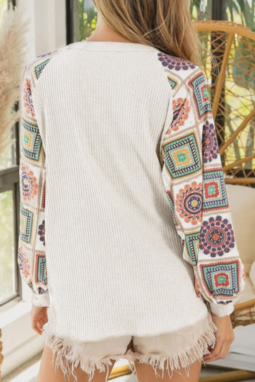 Aztec Print Raglan Sleeve Henley Sweatshirt