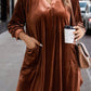 Plus Size V Neck Collared Pleated Back Rounded Hem Velvet Dress