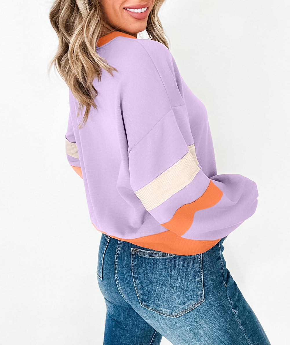 Contrast Rib Knit Patchwork Drop Shoulder V Neck Sweatshirt