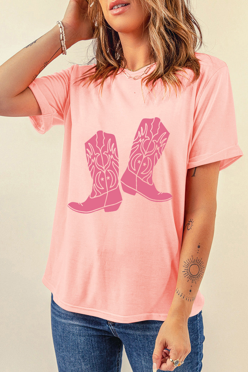 Western Cowboy Boots Print Round Neck T Shirt