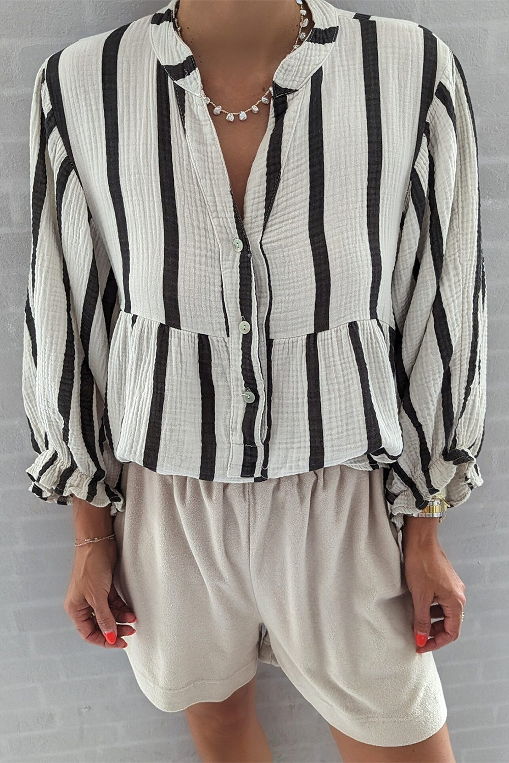 Stripe Crinckled Ruffled Sleeve Button up Loose Shirt