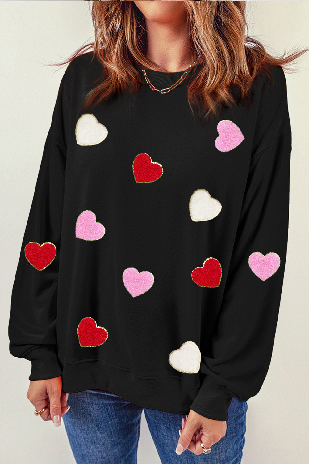 Heart Shaped Chenille Embroidered Crew Neck Sweatshirt