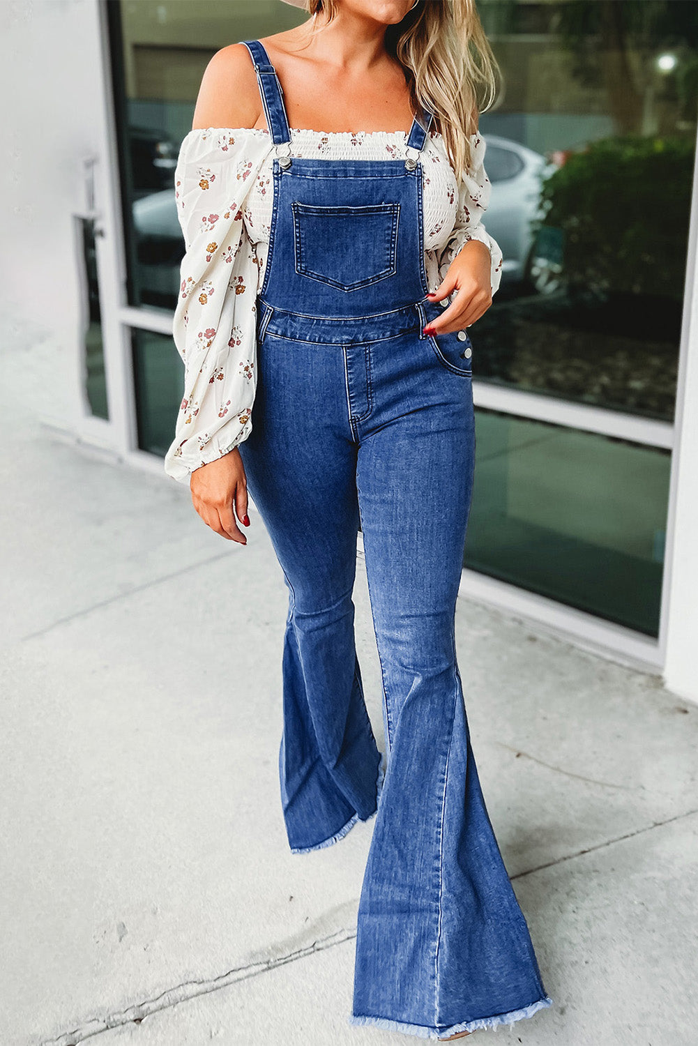 Adjustable Buckle Strap Flare Leg Denim Overalls