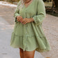 Textured Ruffled Buttoned V Neck Plus Size Mini Dress