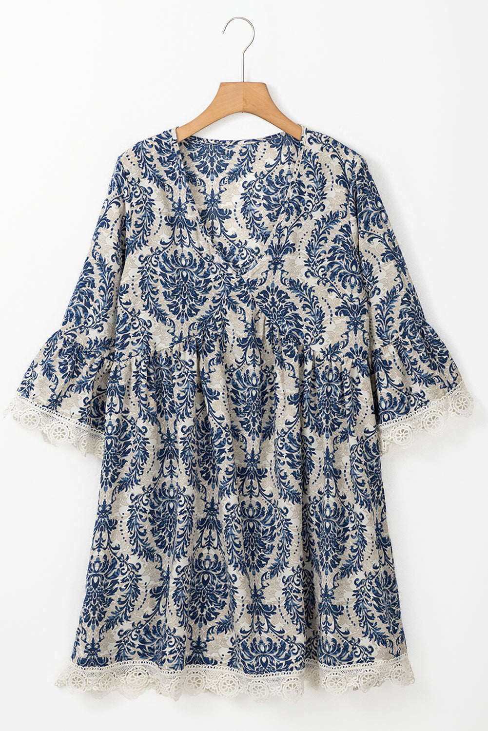 Vintage Printed Lace Trim V Neck 3/4 Sleeve Loose Dress