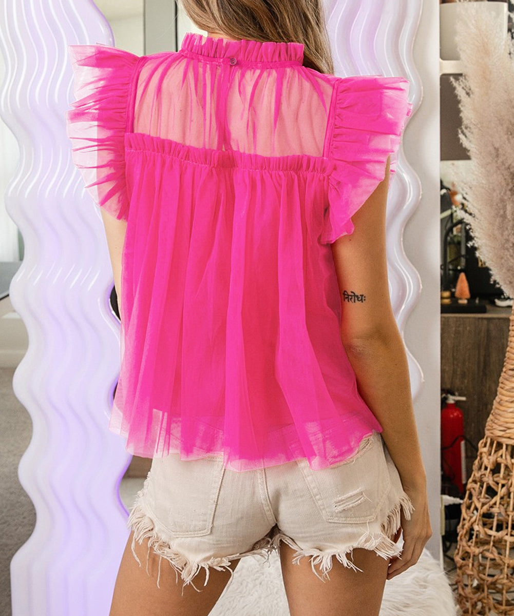 Tulle Ruffle Sleeve Flared Babydoll Blouse