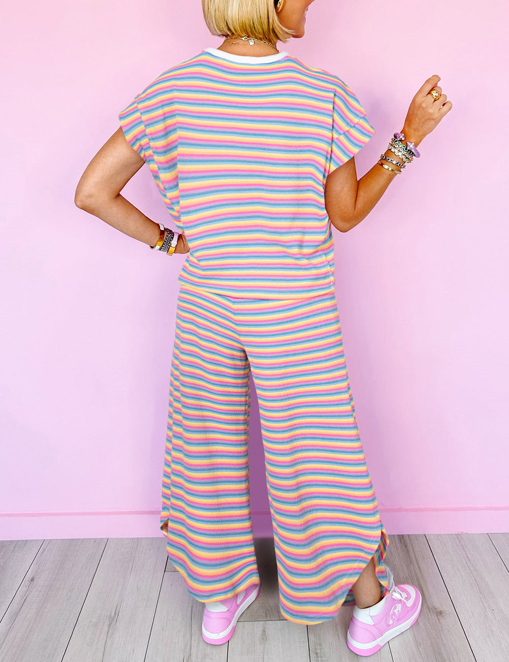 Stripe Rainbow Tee Tasseled String Wide Leg Pants Set