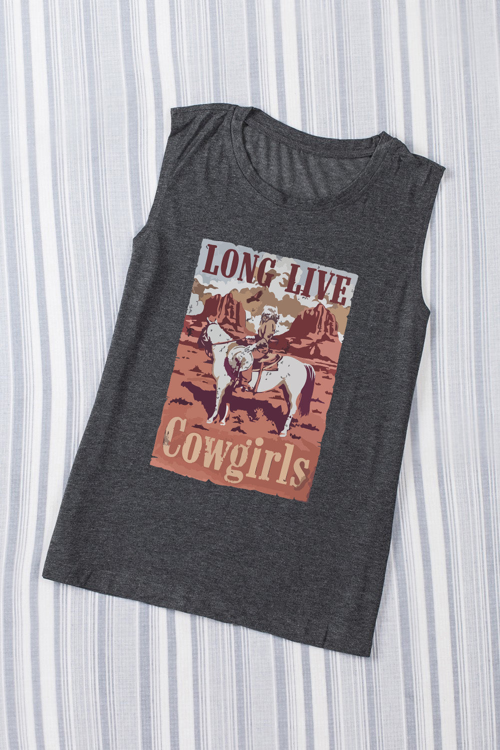 LONG LIVE Cowgirls Western Print Crew Neck Tank Top