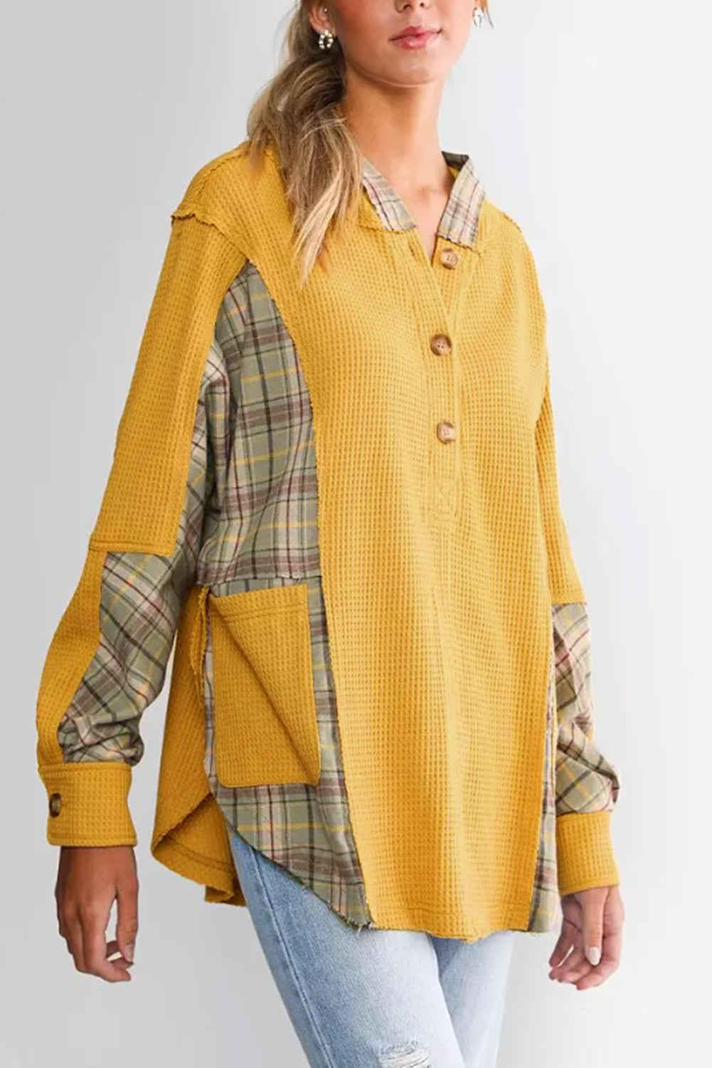 Waffle Knit Plaid Patchwork Pocketed Henley Hoodie