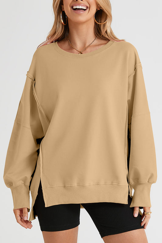 Exposed Seam Drop Shoulder Slit High Low Hem Sweatshirt