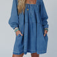 Square Neck Side Pockets Loose Fit Denim Mini Dress