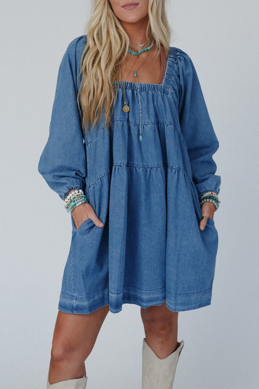 Square Neck Side Pockets Loose Fit Denim Mini Dress