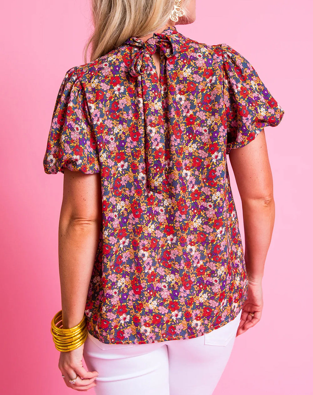 Floral Print Knotted High Neck Puff Sleeve Blouse