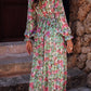 Floral Print Deep V Neck Ruched Cinched Waist Maxi Dress