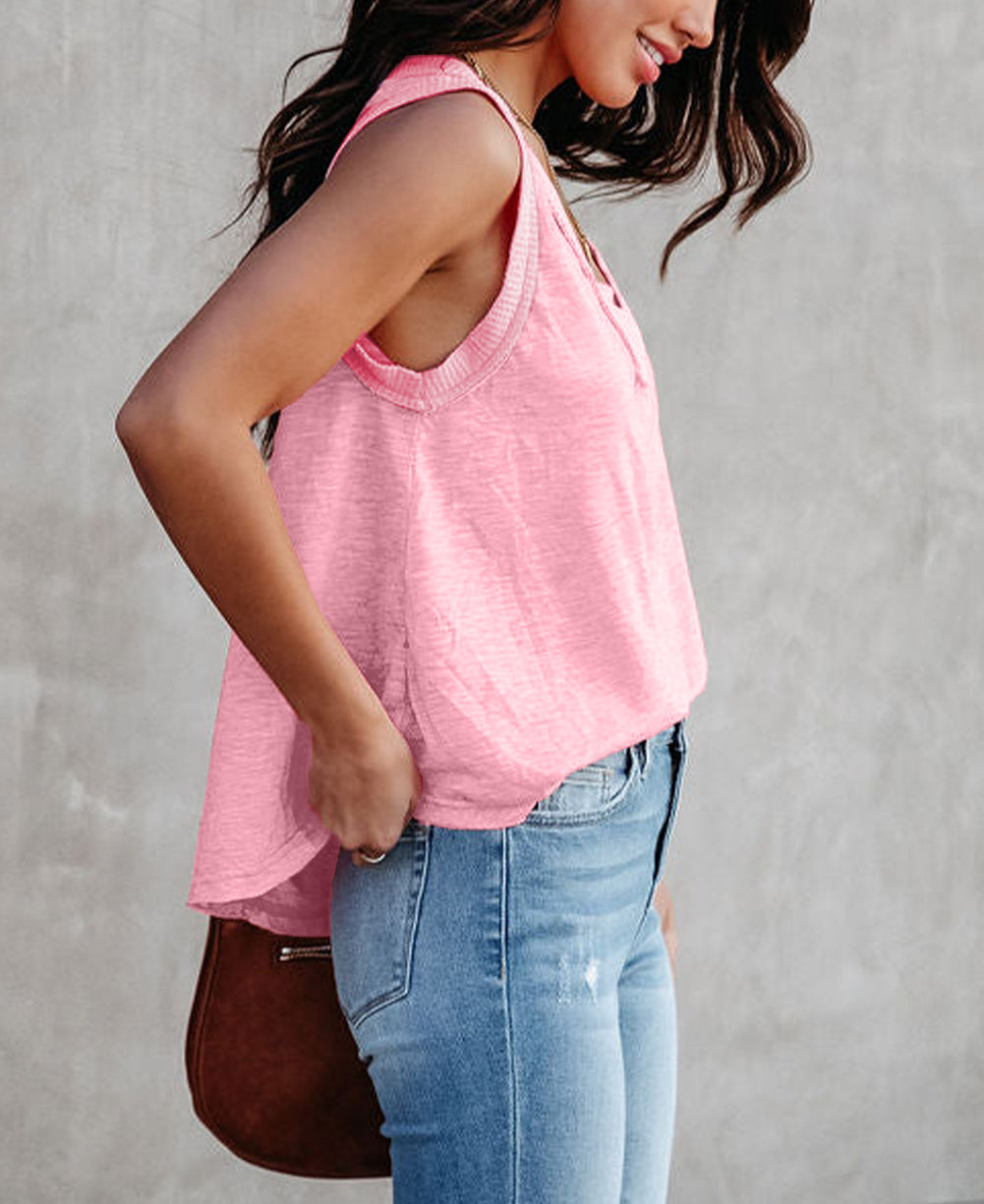 Pink V Neck Ribbed Trimming Tank Top