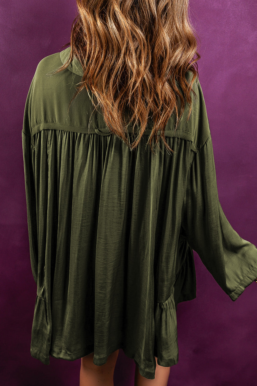 Loose Pocketed Ruffled Hem Draped Shirt Dress