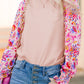 Floral Printed Patchwork Smocked Lantern Sleeve Knit Top