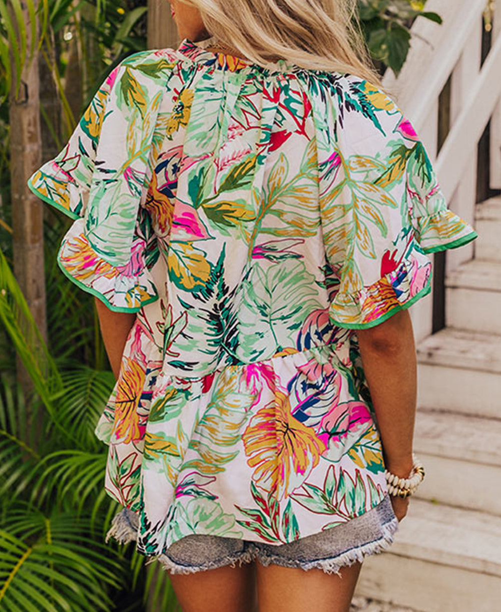 Tropical Floral Print Ruffled Short Sleeve Blouse