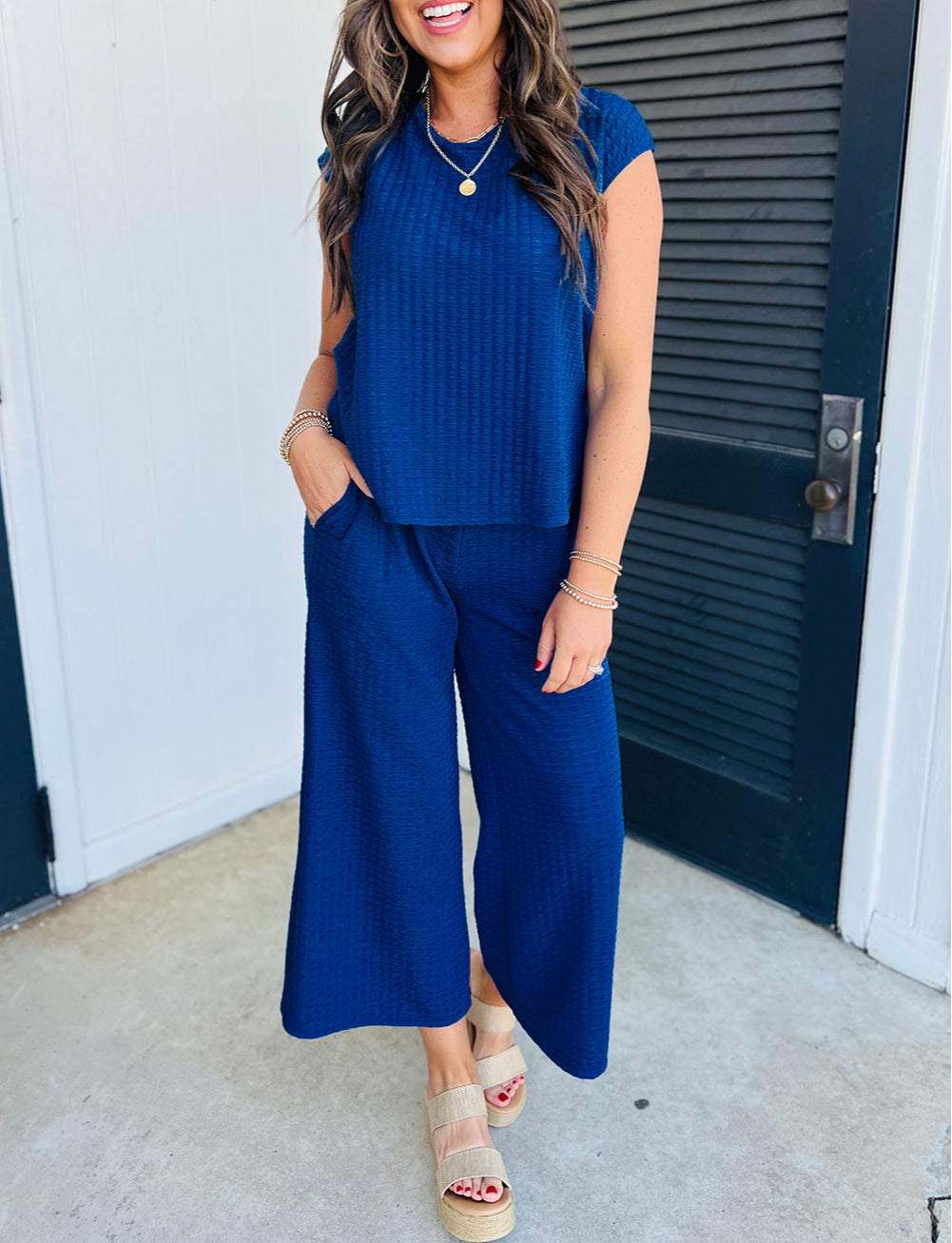 Textured Knit Cap Sleeve T Shirt and Wide Leg Pants Set